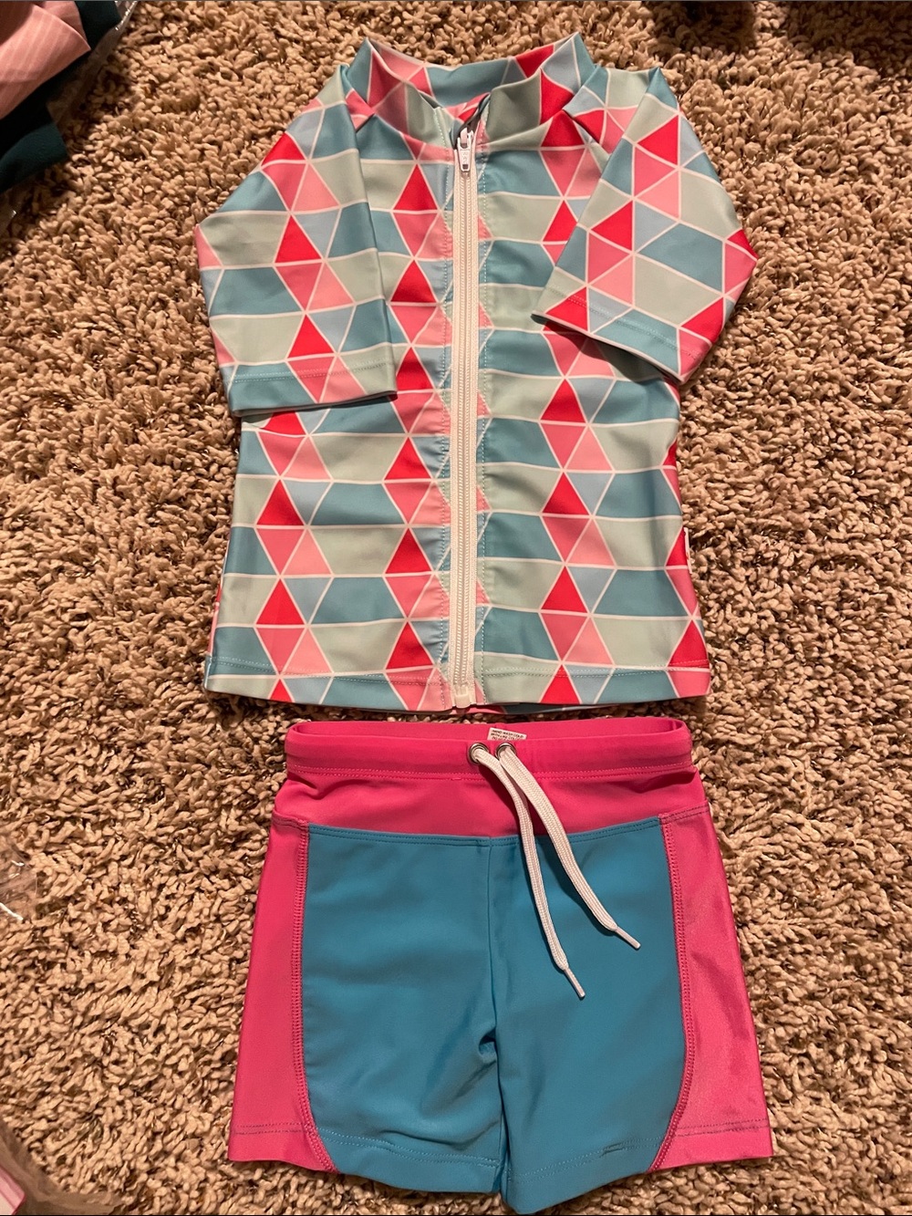 Girls' Zip-Front Swim Rash Guard Set in Pink & Teal
